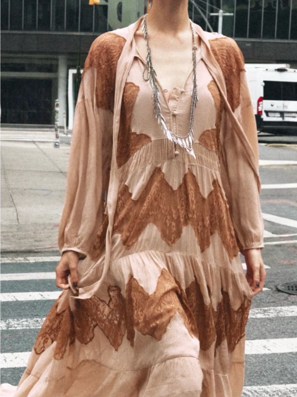 Zara Layered Lace-Accent Maxi Dress in Blush and Rust